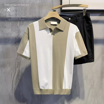 Just Arrived at Buy Center: Design Light Luxury Contrast Color Knitted Striped Short Sleeve Khaki High Quality