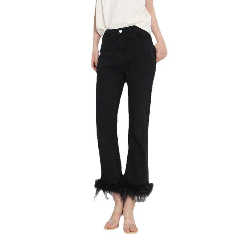 Simple Cropped Fashion Trousers Ostrich Feather Stitching Design For Women Buy Center