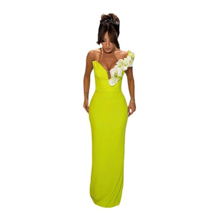 Buy Center Choice-Bandage Evening Temperament Elegant Flowers One Shoulder Dress