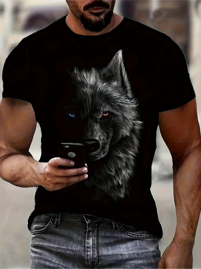 Camiseta de cuello redondo con estampado de ojos en color de contraste de lobo digital 3D, moda para actividades al aire libre de verano para hombres