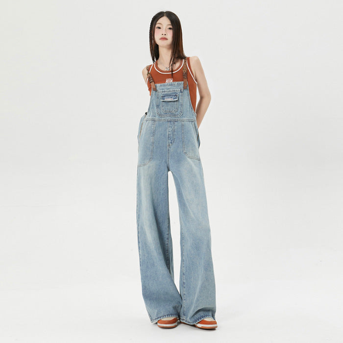 Washed Blue Loose Shoulder Strap Jeans