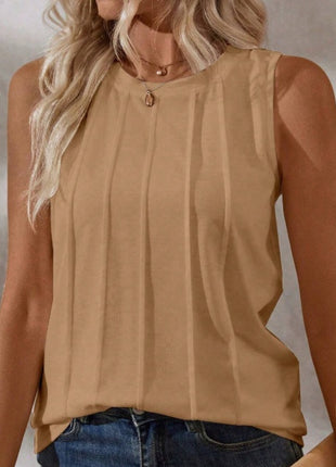 Camiseta sin mangas informal plisada con cuello redondo y color liso de verano para mujer