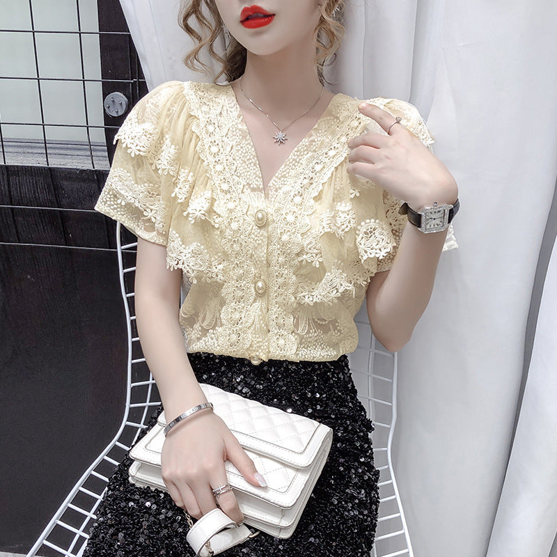 Fresh on the Scene at Buy Center: French Style Elegant V-neck Single-breasted Lace Shirt Western Style