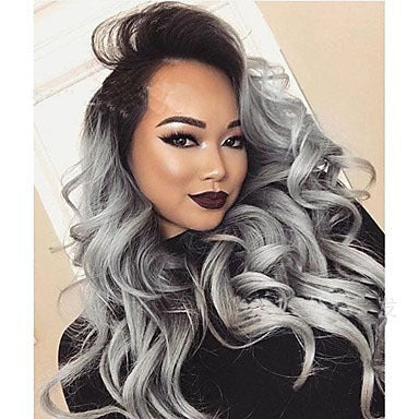 Perruque en dentelle synthétique 2 tons gris noir ombré perruques ondulées cheveux longs bouclés