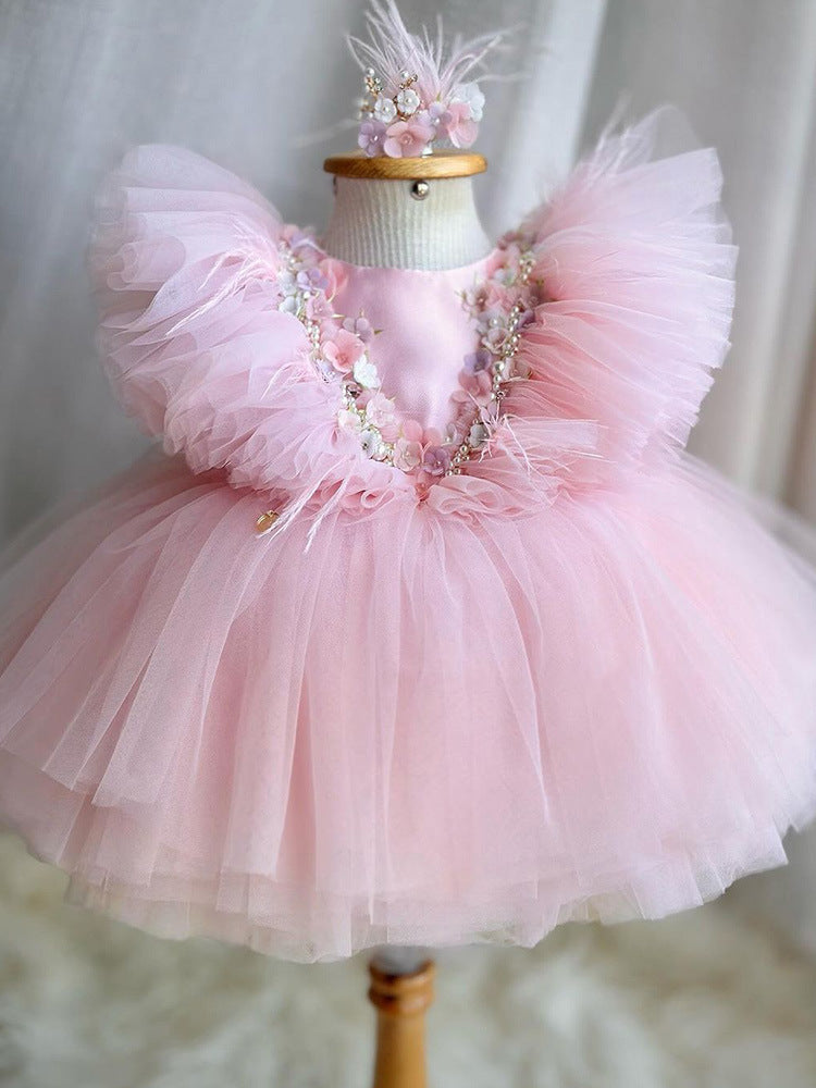 Fresh on the Scene at Buy Center: Year-Old Beaded Flower Princess Dress Girls' Veil Dress Sweet Pink