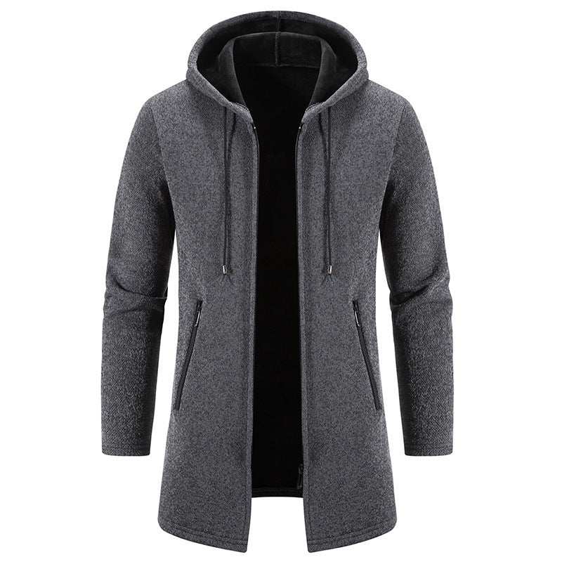 Autumn And Winter Fleece-lined Thickening Trendy Solid Color Men's Cardigan Mid-length Hooded Jacket Buy Center