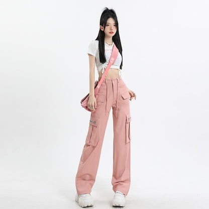 Hot New Items at Buy Center: American High Waist Straight Cargo Pants Loose Slimming Hot Girl Wide Leg Pink Lengthened