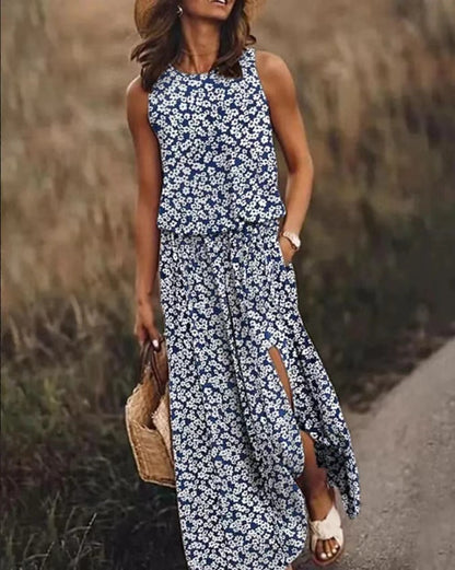 Buy Center Excellence: Fashion Printed Sleeveless Floral Dress Women Blue