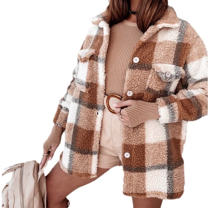 Women's Long-sleeved Double-pocket Plaid Furry Coat Buy Center