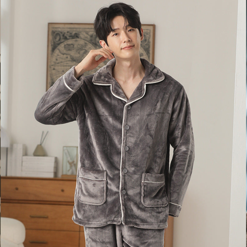 Autumn And Winter Flannel Men's Pajamas Men's Lapel Cardigan Buy Center