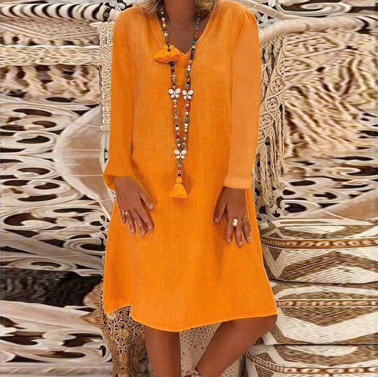 Buy Center Exclusive Offer-Women's Cotton Linen V-neck Long Sleeve Solid Color Dress Orange