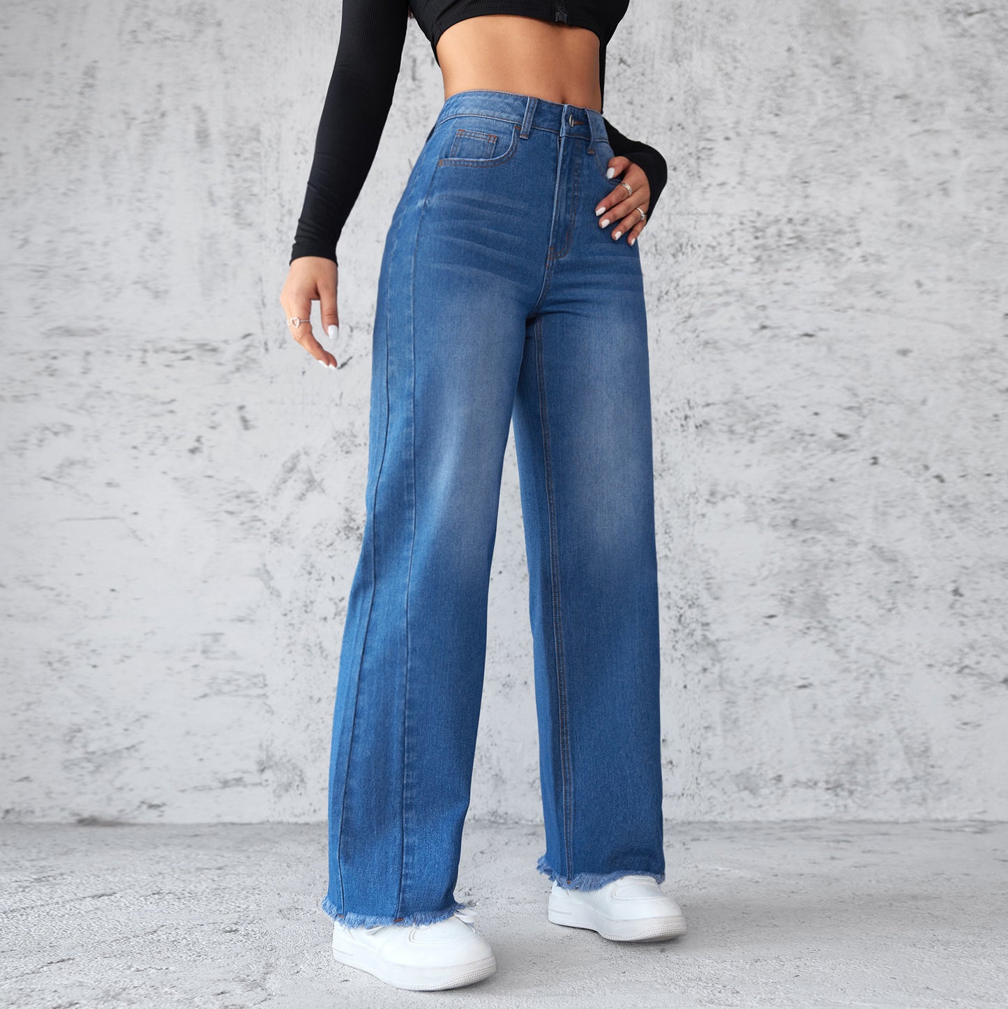 Just Arrived at Buy Center: Fashion Straight Wide Leg Jeans Casual High Waist Non Elastic Women's Blue