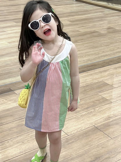 Fresh on the Scene at Buy Center: Girl's Fresh Color Printing Vertical Stripe Sling Dress