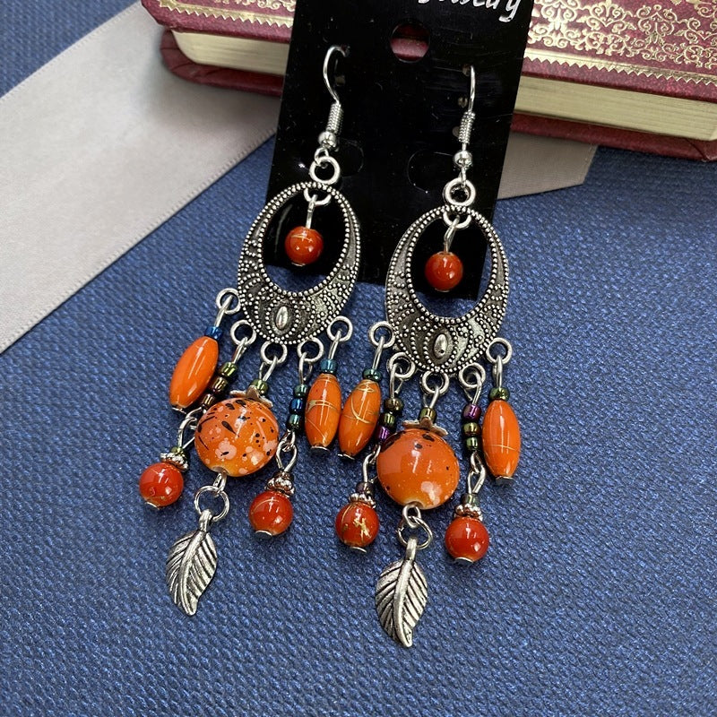 Buy Center Handpicked- Bohemian Retro Ethnic Style European And American Antique Silver Earrings Goddess Style Bright Orange