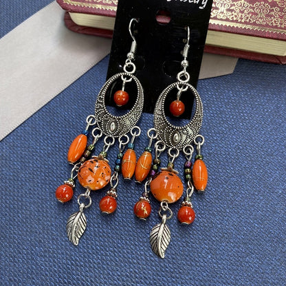 Buy Center Handpicked- Bohemian Retro Ethnic Style European And American Antique Silver Earrings Goddess Style Bright Orange