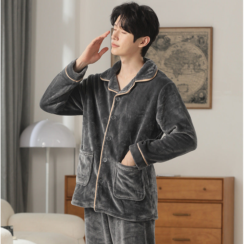 Autumn And Winter Flannel Men's Pajamas Men's Lapel Cardigan Buy Center