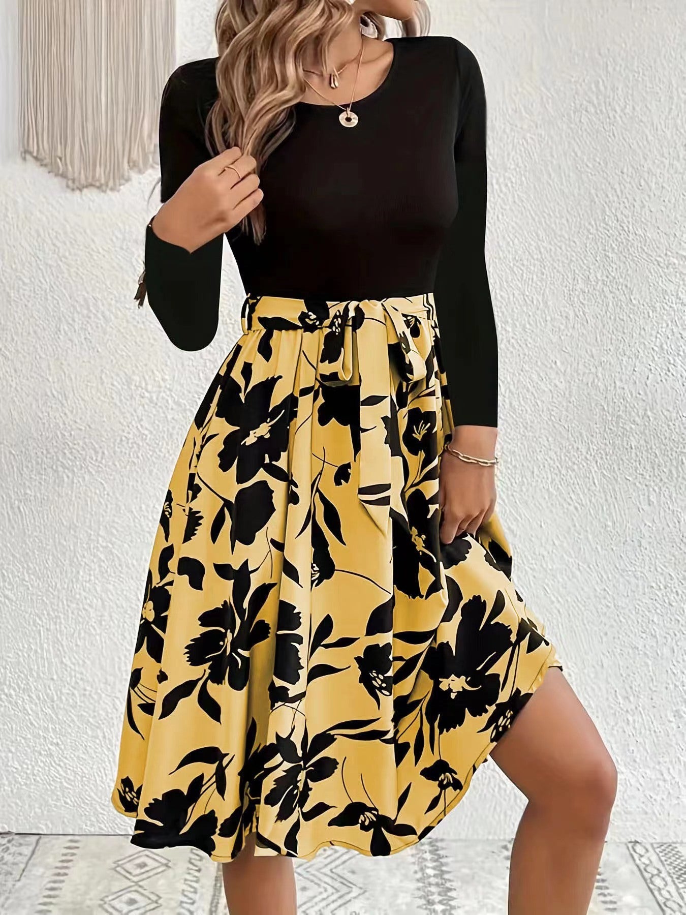 Fresh Arrivals at Buy Center: Floral Print Long Sleeve Dress Fashion Round Neck Tie Slim Dress Women's Clothing Yellow