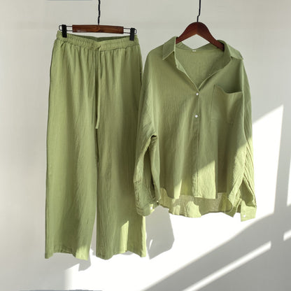 Buy Center Hot Pick-Cross-border Women's Ancient Cotton And Linen Shirt Outfit High Waist Loose Trousers Grass Green