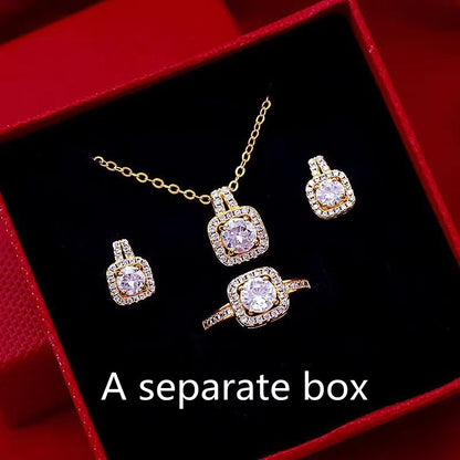 Fashion Jewelry Set Zircon Gem Pendant Chain Choker Necklace For Women Gold Color Stud Earring Statement Wedding Ring Box