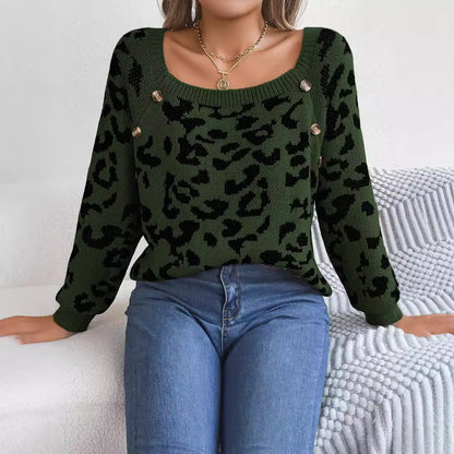 Casual Square Collar Button Contrast Color Leopard Print Long Sleeve Sweater Buy Center