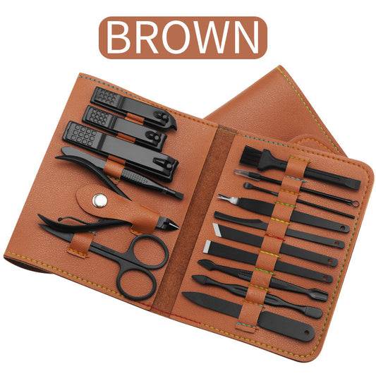 Hot New Items at Buy Center: 16pcs set Nail Clipper Cutter Trimmer Ear Pick Grooming Kit Manicure Set Pedicure Toe Nail Art Tools Set Kits with Bag Brown Q16pcs