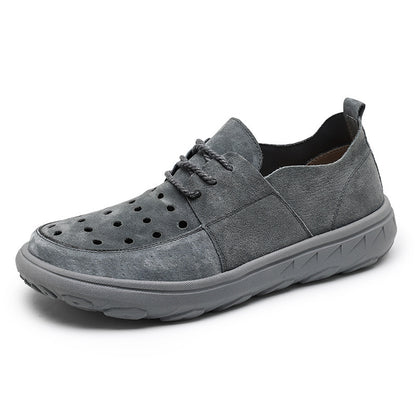 Now Available at Buy Center: Pigskin Casual Hollow Out Breathable Velcro Suede British Casual Outdoor Shoes Grey strap Hollow Out