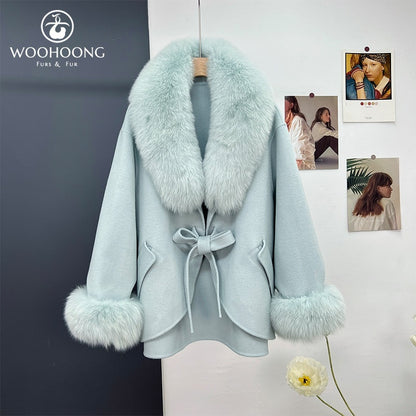 Wool Double-sided Woolen Coat Women's Mid-length Cape Shawl Fox Fur Appearance Buy Center