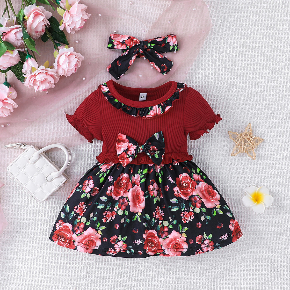 Newly Arrived at Buy Center: Girls' Printed Dress Headscarf Two-piece Set Red WY24202A