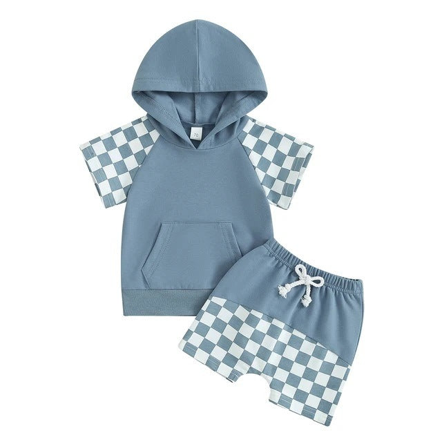 Summer European And American Boys' Plaid Hooded Fleece And Shorts Suit Buy Center