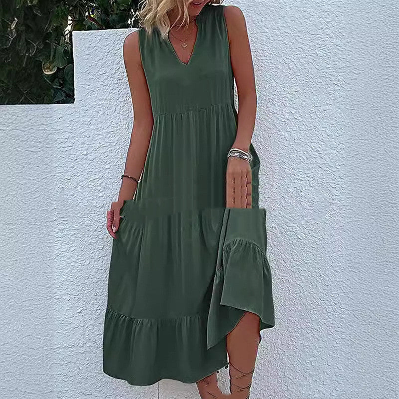 Newly Released at Buy Center: Loose Waist Sleeveless V-neck Swing Solid Color Length Dress Dark Green