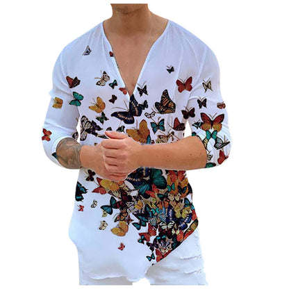 Men's V-Neck Casual Print Long Sleeve T-Shirt