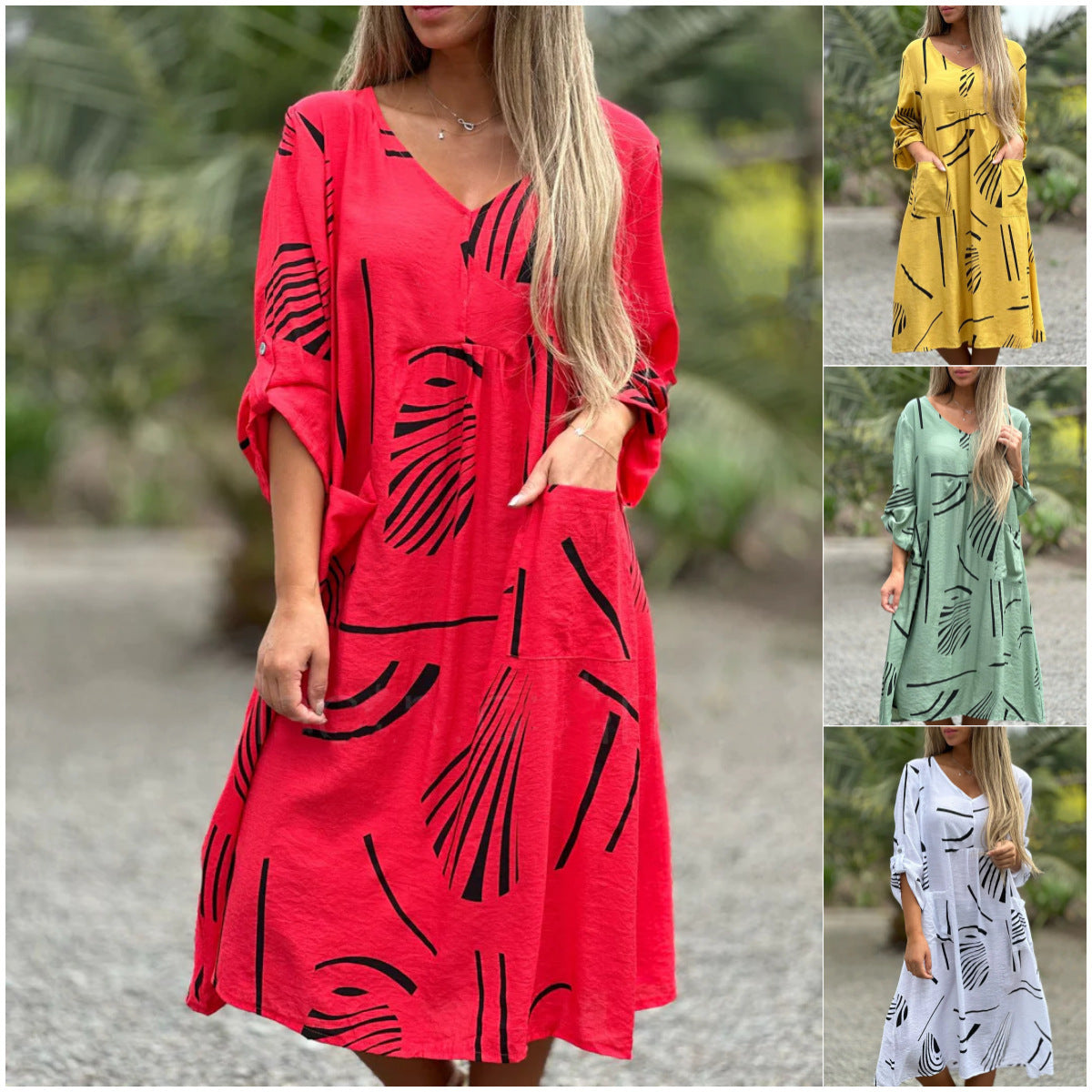 Fresh Arrivals at Buy Center: Fashion Printed V Neck Long Sleeve Dress Casual Loose Straight Dress Women's Clothing