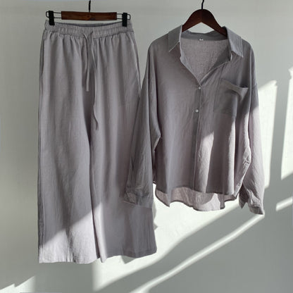 Buy Center Hot Pick-Cross-border Women's Ancient Cotton And Linen Shirt Outfit High Waist Loose Trousers Gray