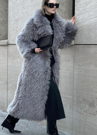 Gray Lapel Extended Plush Coat Warm Thickened Fleece-lined