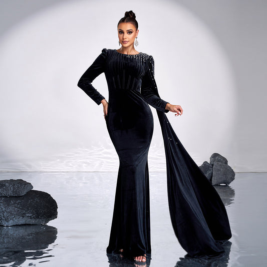 Velvet Round Neck Long Sleeve Rhinestone Evening Dress | Women's Clothing4 | Buy Center