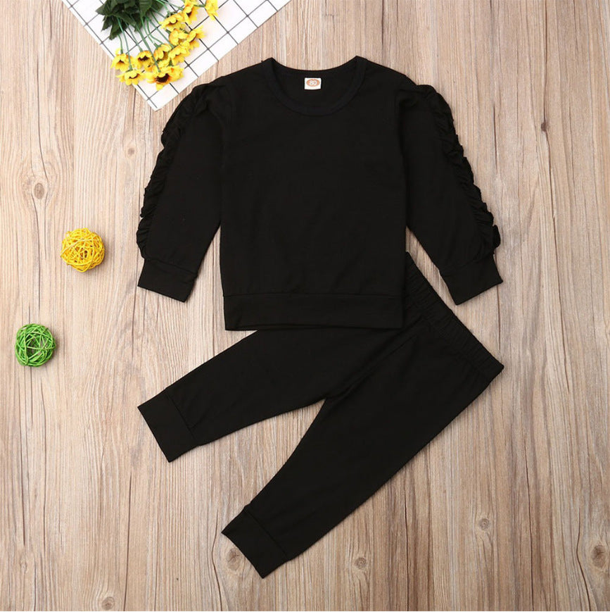 Newborn Baby Boys Girls Ruffles Jumper Solid Long Sleeve Sweatshirt Tops Pants Infant Kids 2Pcs Outfits Clothes Set Fall Clothes Black