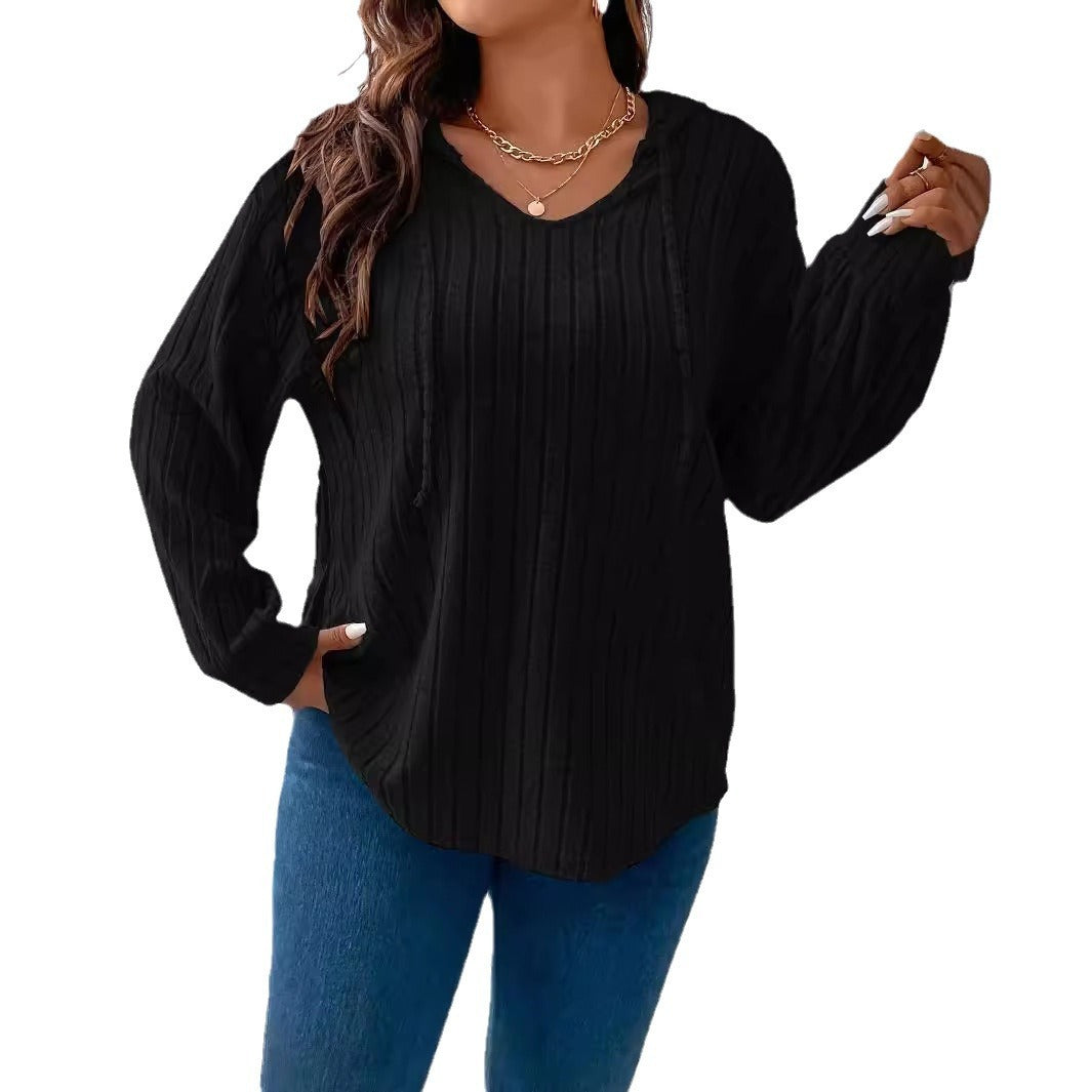 Hot New Items at Buy Center: Women's V-neck Hooded Long-sleeved Sunken Stripe Brushed Top