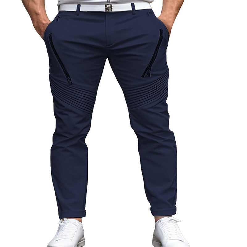 Pantalones pitillo elásticos ajustados con pliegues y cremallera de color liso para uso diario en la calle para hombre