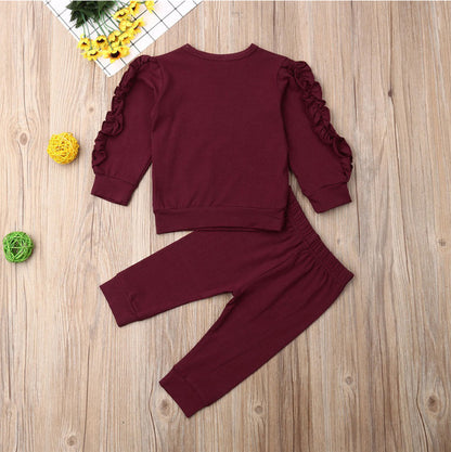 Newborn Baby Boys Girls Ruffles Jumper Solid Long Sleeve Sweatshirt Tops Pants Infant Kids 2Pcs Outfits Clothes Set Fall Clothes Wine red