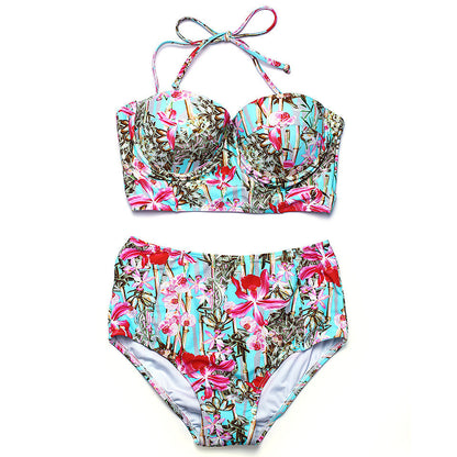 Hot New Items at Buy Center: Sweet Floral Gathering Steel Bracket Hard Cup High Waist Anti-exposure Split Swimsuit Light Blue