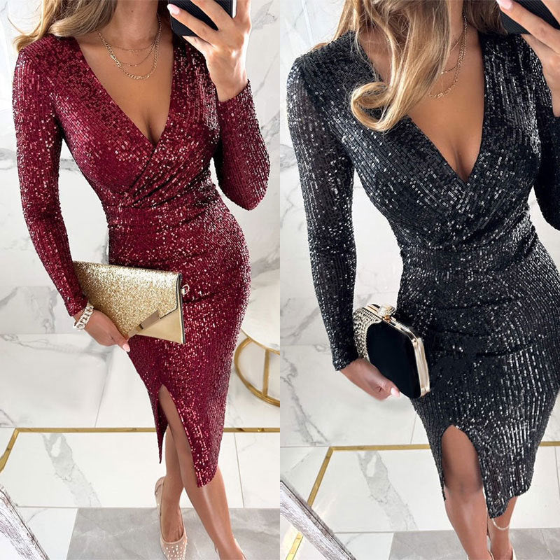 Women's Split V-neck Hip Long Sleeve Sequined Solid Color Dress Buy Center