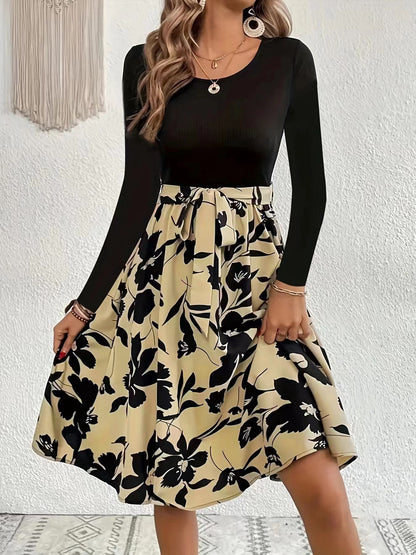 Fresh Arrivals at Buy Center: Floral Print Long Sleeve Dress Fashion Round Neck Tie Slim Dress Women's Clothing