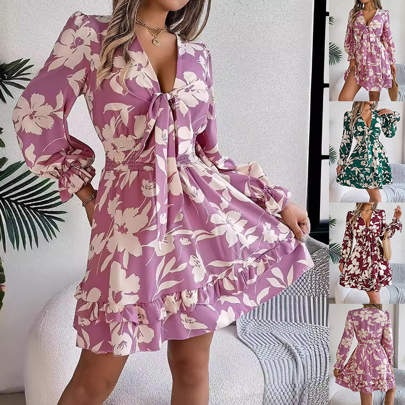 Trending Now at Buy Center: New Floral Printed V-Neck Long Sleeve Dress Fashion Ruffles Bowknot A-Line Short Dress Women's Clothing