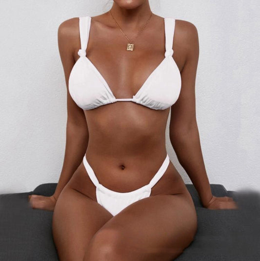 Hot New Items at Buy Center: Bikini Pleated Split Strap Pure Color And Knotted Swimsuit White