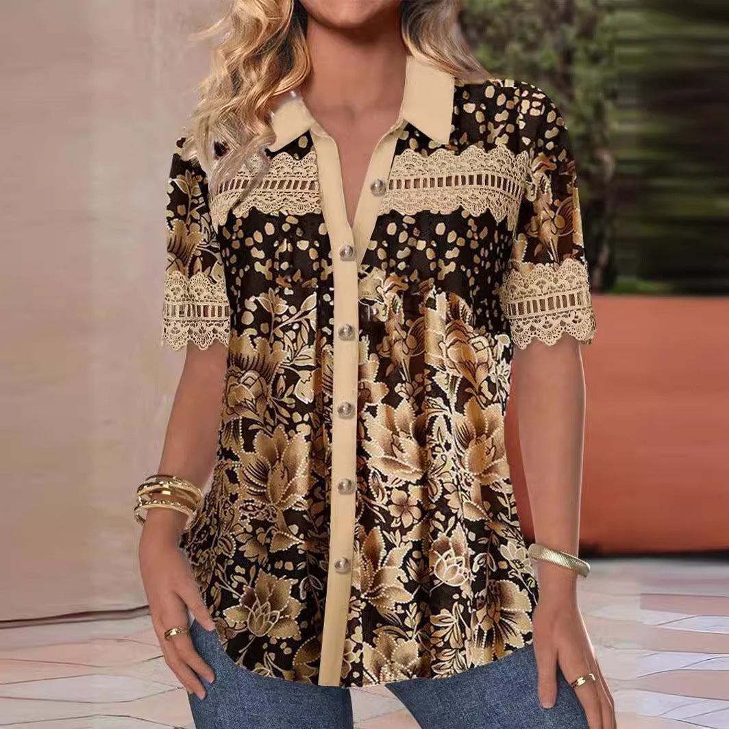 Buy Center Deal-Women's V-neck Buttons Stitching Short Sleeve Casual Printed Shirt