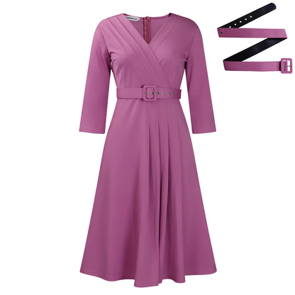 Buy Center Handpicked- V-neck Fashion Elegant Pleated Elastic Elegant African Dress Lotus Root Purple Belt