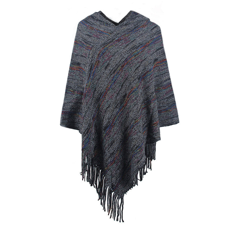 Hooded Striped Tassel Cape And Shawl Women Buy Center