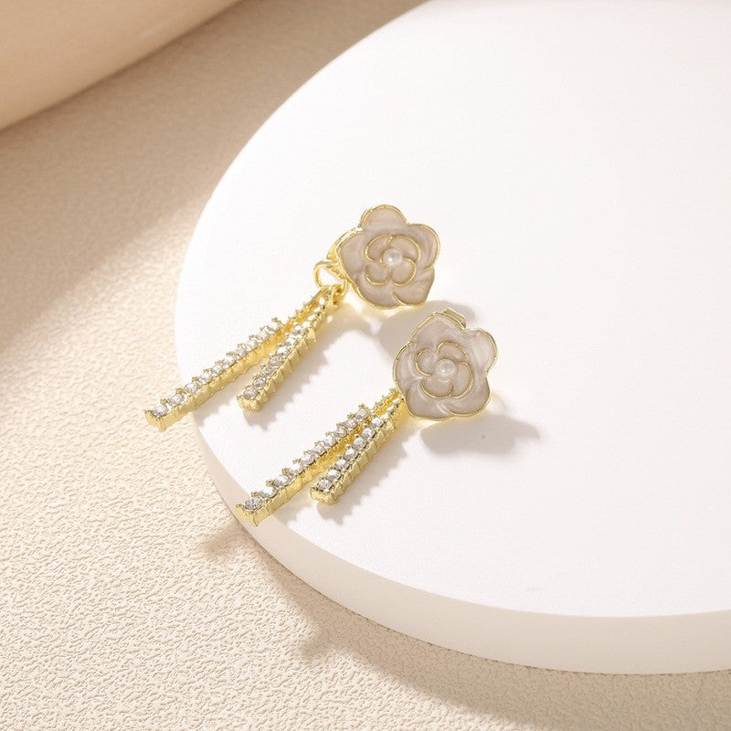 Buy Center Top Rated-Xiaoxiangfeng Dripping Oil Mountain Camellia Earrings For Women, Gentle And Sweet Temperament, Diamond Studded Earrings, Light Luxury And High End Earrings