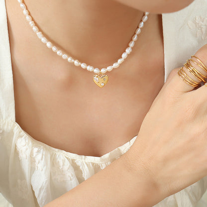 New French Minority Freshwater Pearl Peach Heart Zircon Necklace Freshwater Pearl Necklace