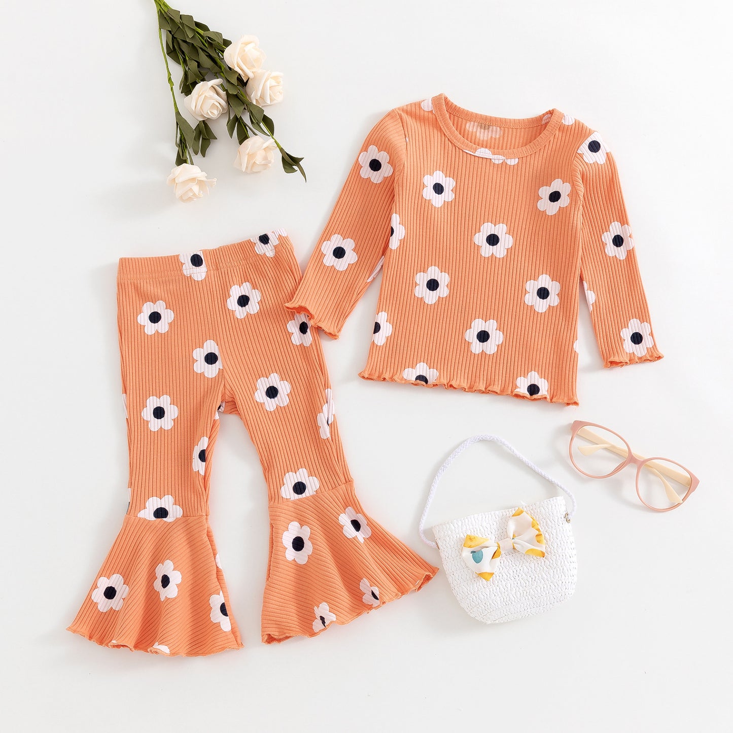 Fresh Arrivals at Buy Center: Girls' Small Sunflower Sunken Stripe Long Sleeve Round-neck Shirt Bell-bottom Pants Two-piece Set Orange